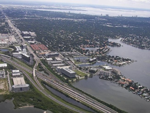 Aerial view of a residential neighborhood in west Tampa, Florida along the water. Photo by Wknight94, CC BY-SA 3.0, via Wikimedia Commons