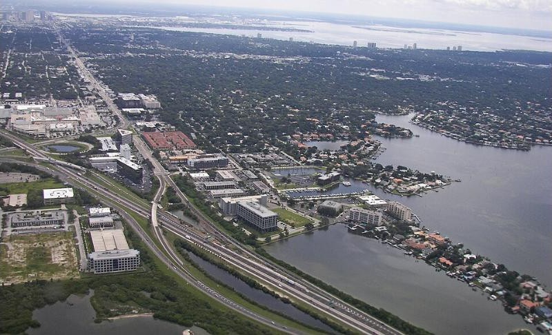 Aerial view of a residential neighborhood in west Tampa, Florida along the water. Photo by Wknight94, CC BY-SA 3.0, via Wikimedia Commons