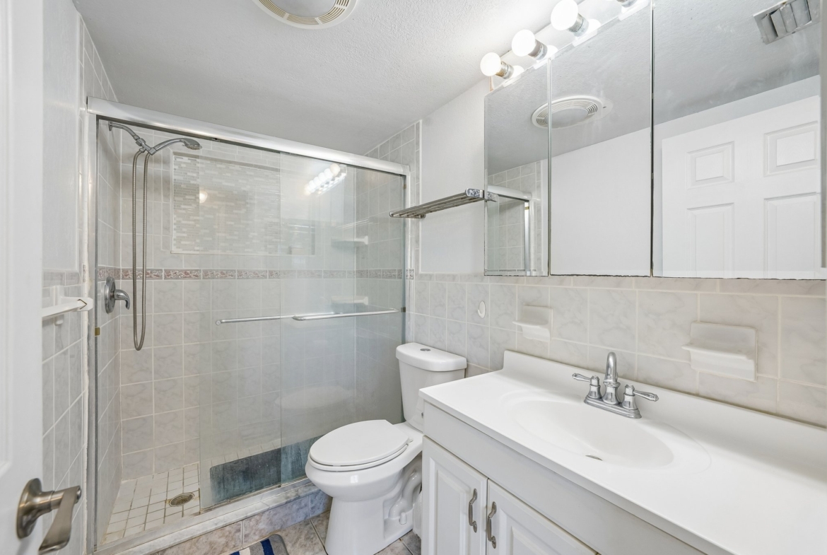 Renovated bathroom with walk-in shower, glass backsplash and supportive grab bars in Holiday FL