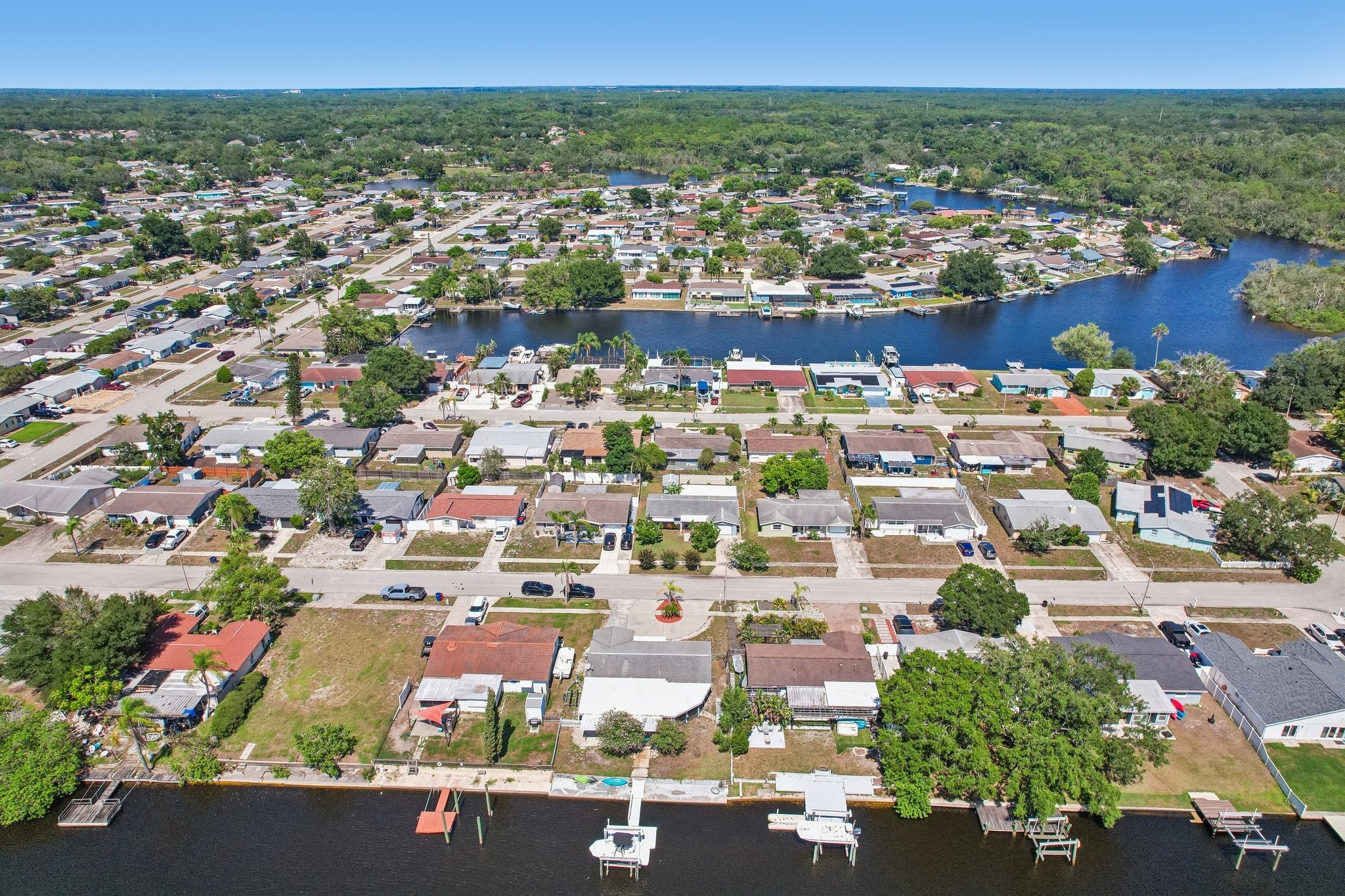 Aerial of the Forest Hills waterfront neighborhood in Holiday, FL 34690