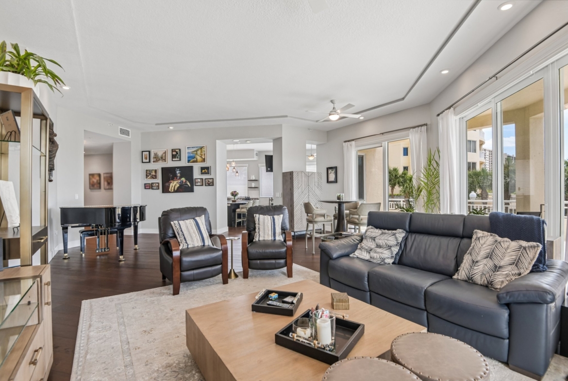 Open great room with living room dining room combo and Gulf views in this Clearwater Beach FL luxury condo