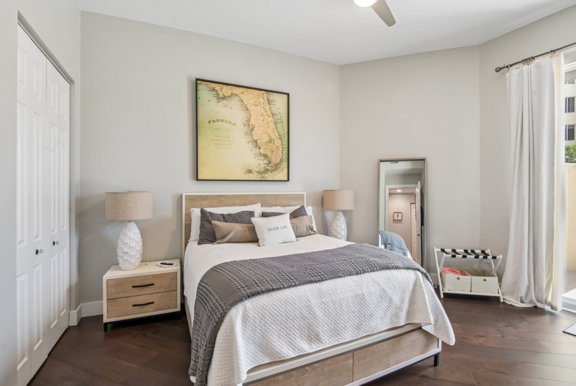 Owner's suite with engineered hardwood floors and Gulf views at 1180 Gulf Blvd #101, Clearwater Beach FL