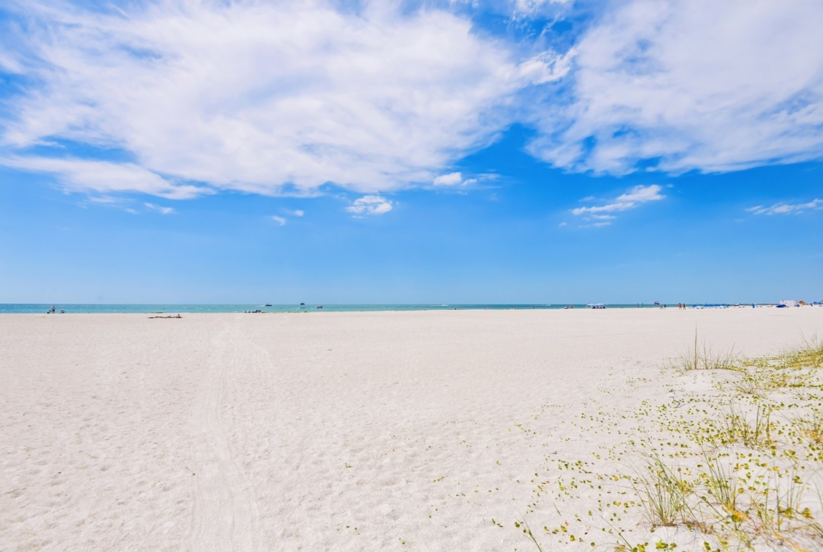 Sugar-white sand and Gulf of Mexico water at Sand Key Beach, Clearwater Beach FL 33767