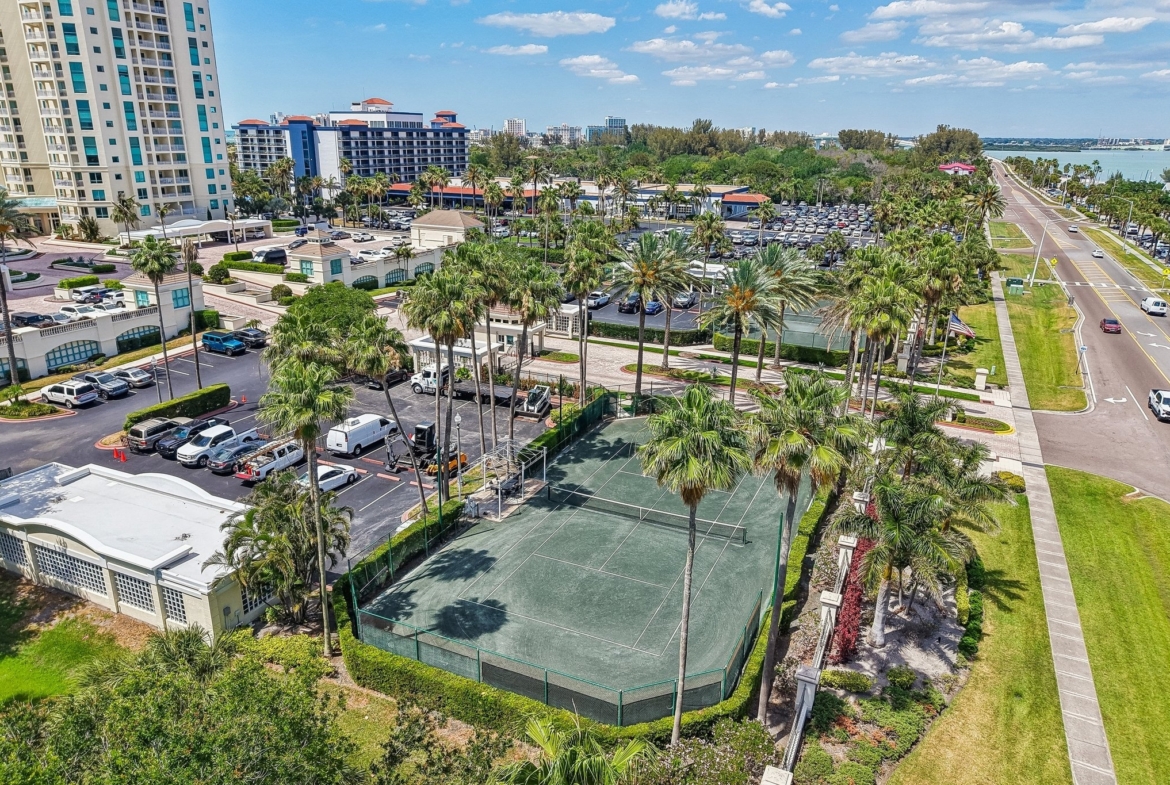 Aerial of the tennis courts and grounds at The Grande on Sand Key, Clearwater Beach FL