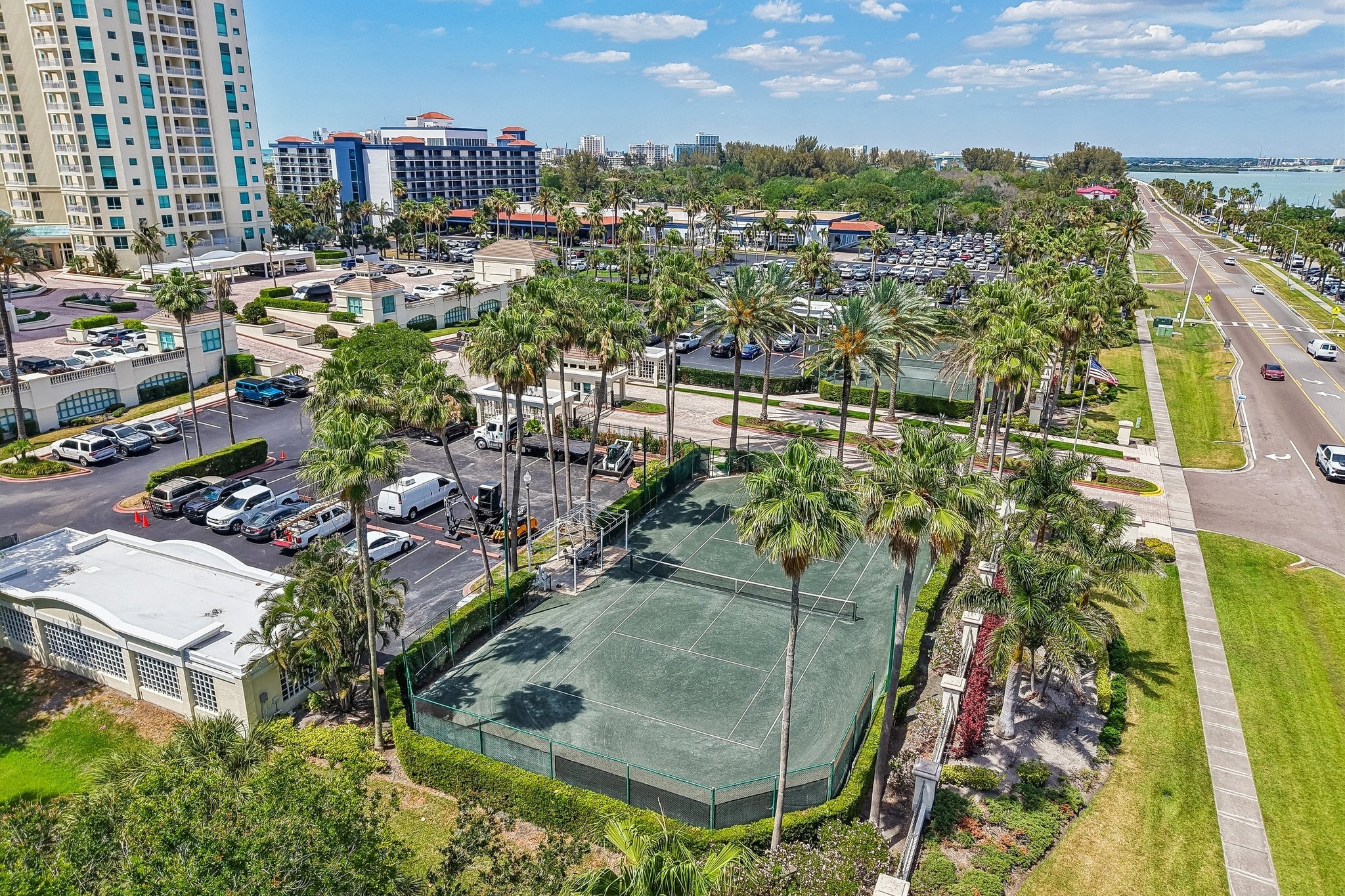 Aerial of the tennis courts and grounds at The Grande on Sand Key, Clearwater Beach FL