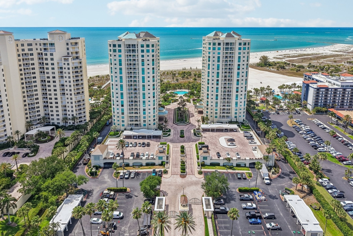 Aerial looking north toward Clearwater Beach from Sand Key, Clearwater FL 33767