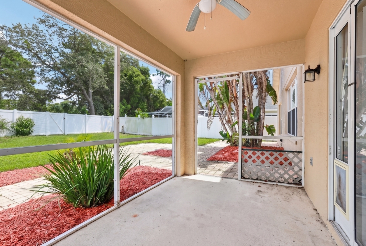 Covered screened lanai overlooking the fenced backyard at 2638 Big Pine Dr, Holiday FL 34691