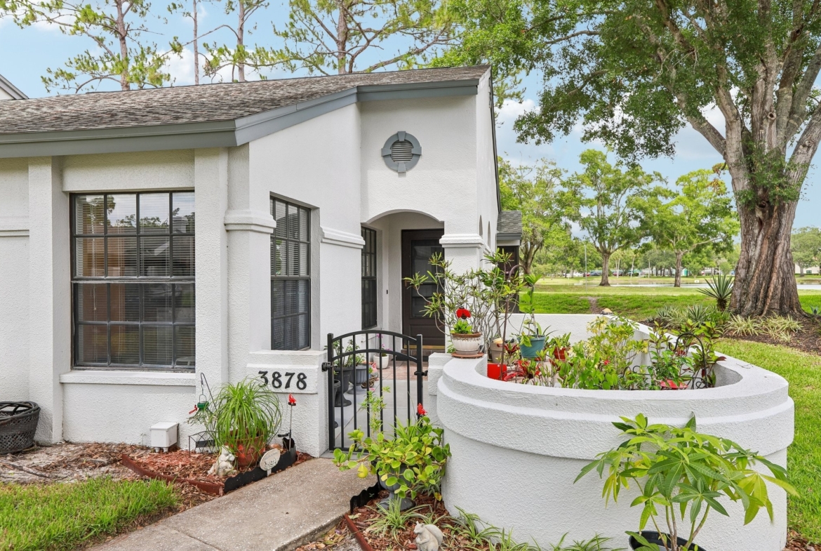 Front entry with private gated courtyard at 3878 Tanager Pl, an end-unit villa for sale in Palm Harbor, FL 34685