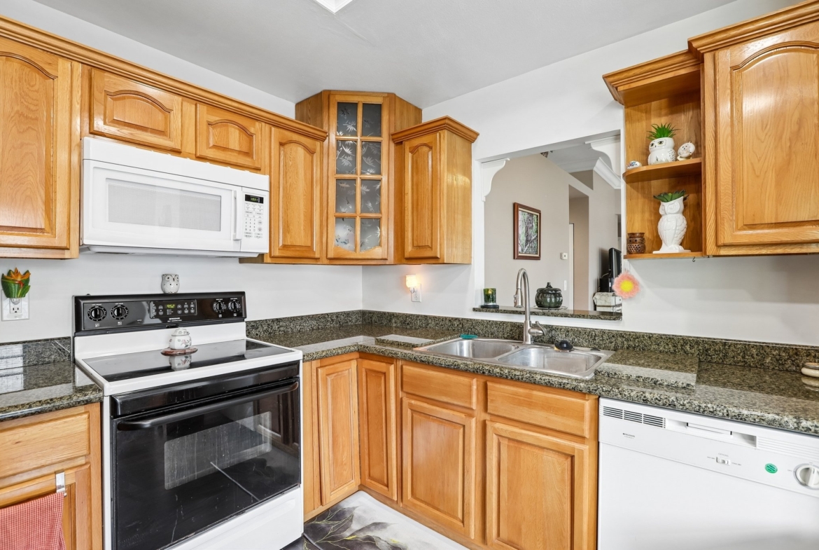 Kitchen with solid surface counters and wood cabinetry at 3878 Tanager Pl, Palm Harbor, FL 34685