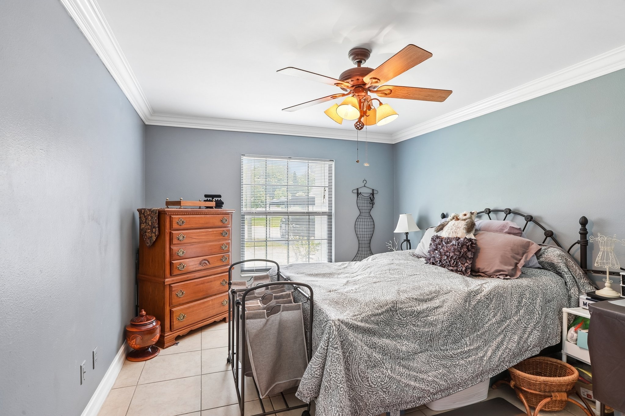 Primary bedroom with ceiling fan and walk-in closet at 3878 Tanager Pl, Palm Harbor FL