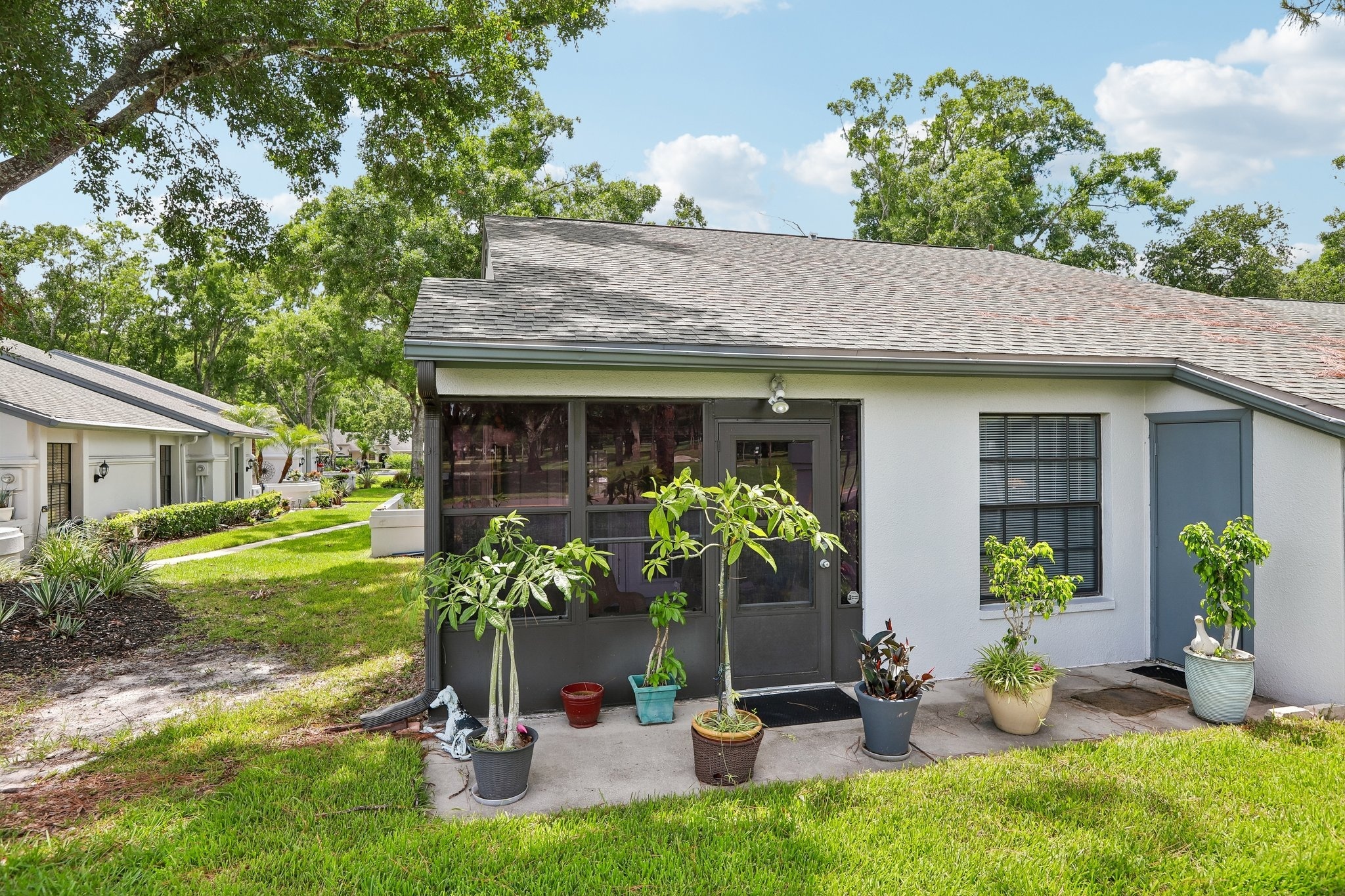 Rear exterior of the villa overlooking the green space in The Clearing, Palm Harbor FL 34685