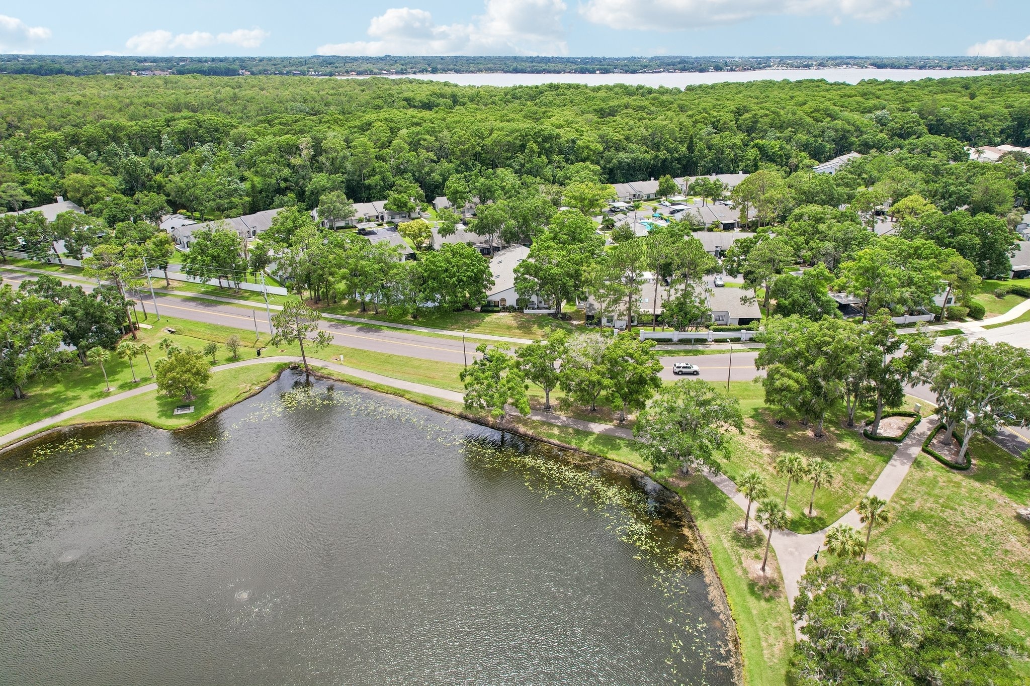 Aerial of Crystal Lake and the adjacent park along the East Lake corridor in Palm Harbor FL