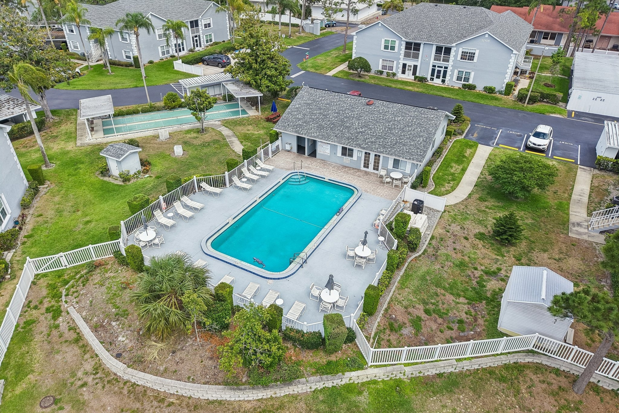 Aerial of the community pool at The Hillside 55+ condominium in Hudson, FL 34667