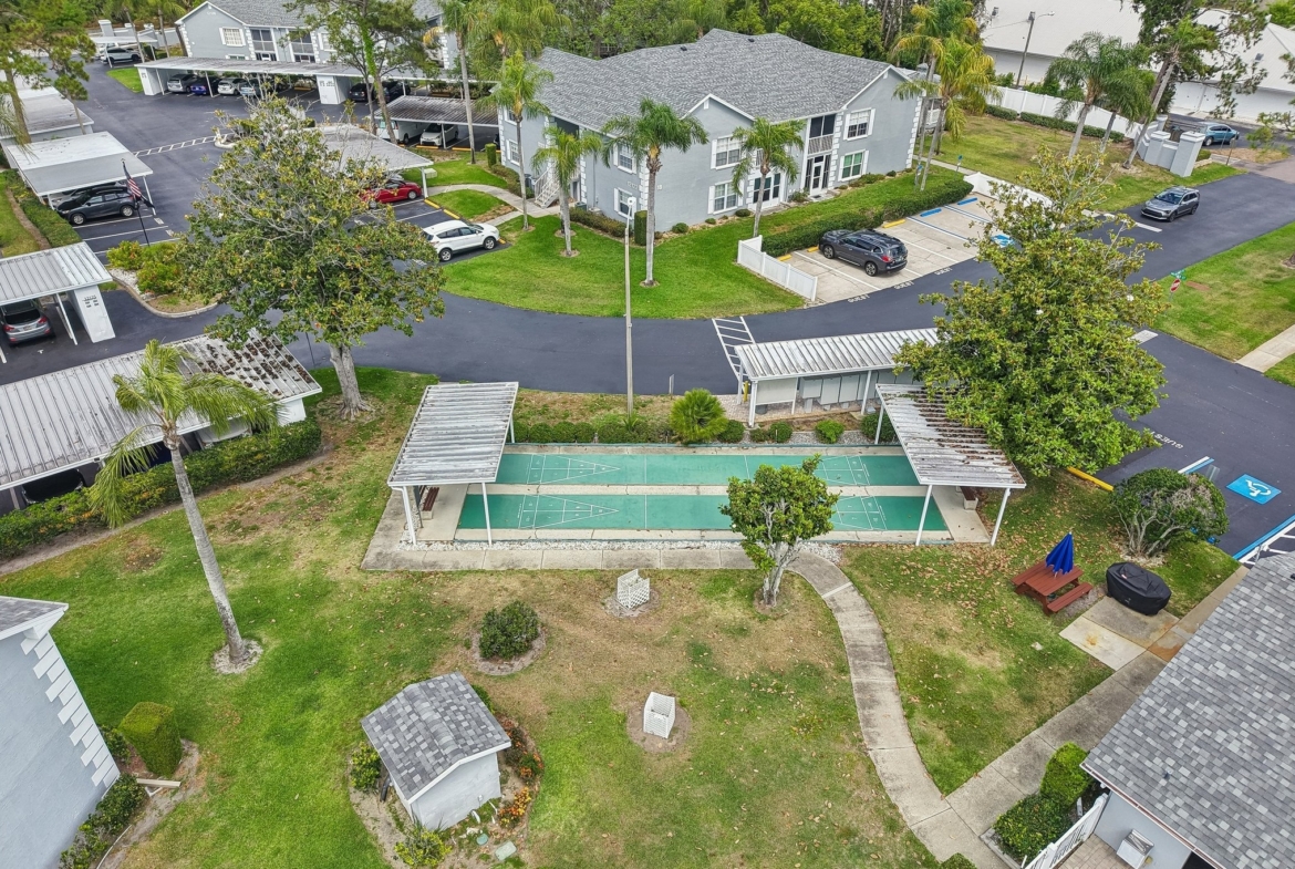 Aerial of the clubhouse and community pool at The Hillside, Hudson FL