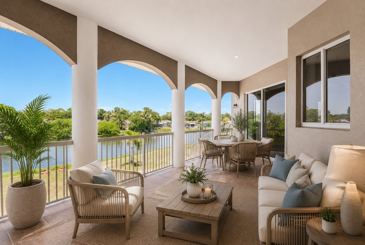 Covered balcony with arched columns overlooking the canal at 8335 Cheyenne Dr, Seminole FL