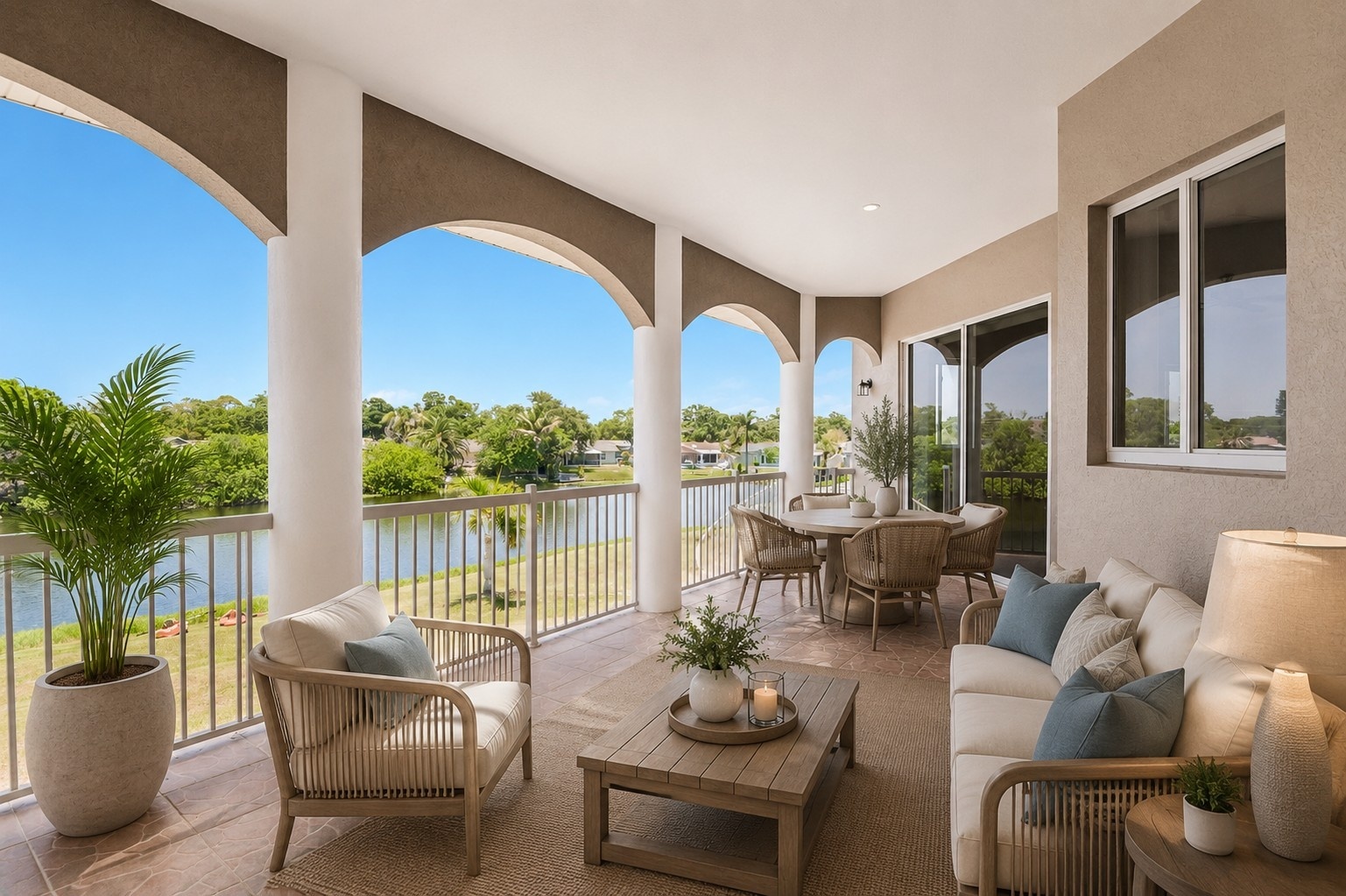 Covered balcony with arched columns overlooking the canal at 8335 Cheyenne Dr, Seminole FL