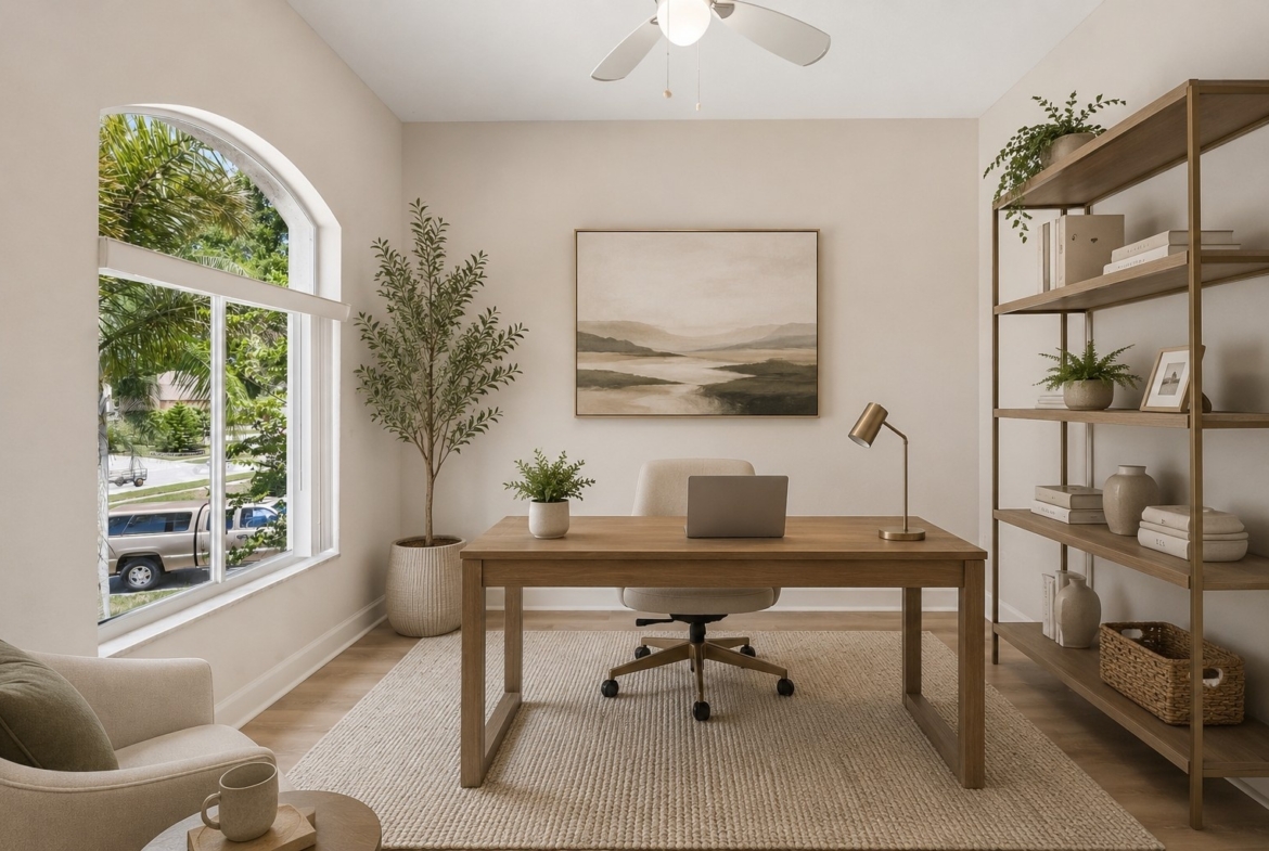 Den, library or home office with arched window in this Seminole FL waterfront home for sale