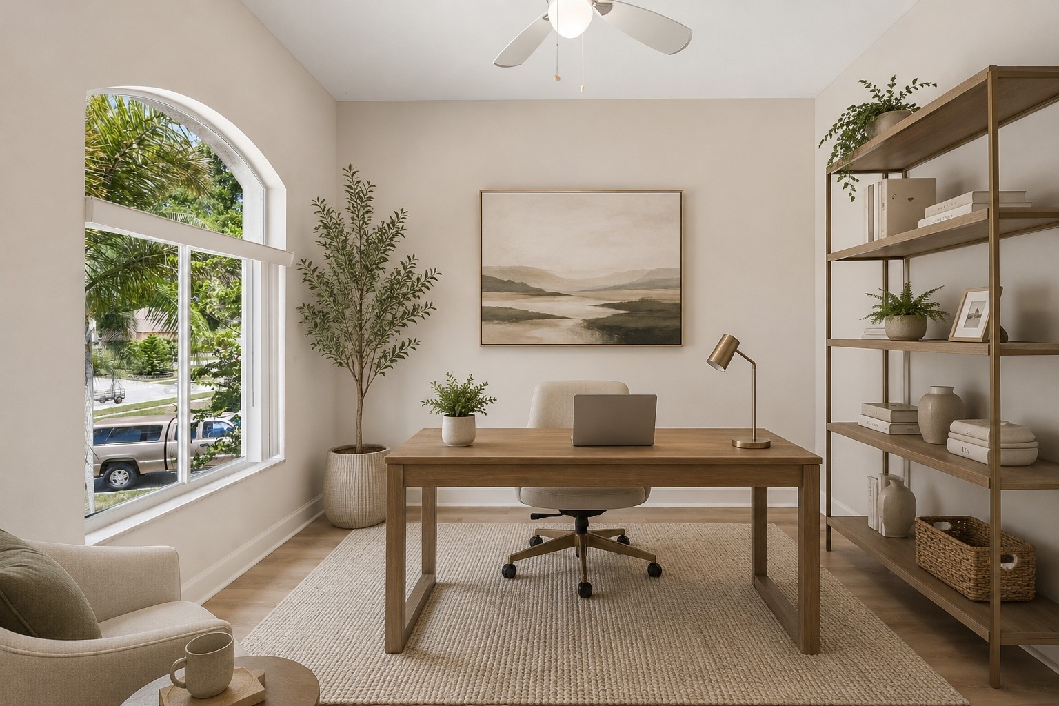 Den, library or home office with arched window in this Seminole FL waterfront home for sale