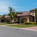 Palm-lined Florida neighborhood street with single-family homes