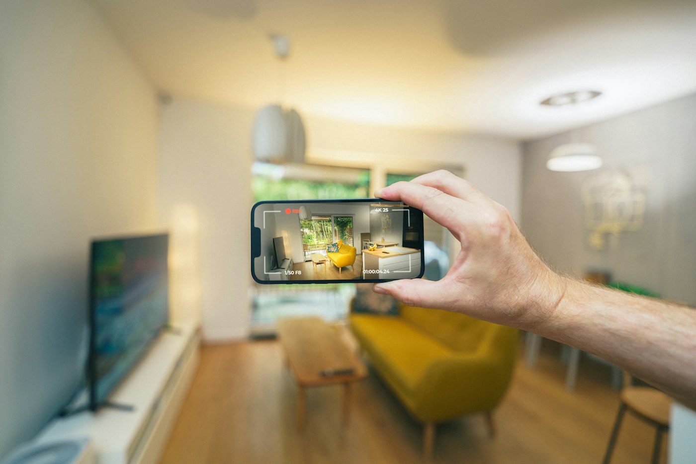 Taking a phone photo of a living room to upload with the short sale questionnaire